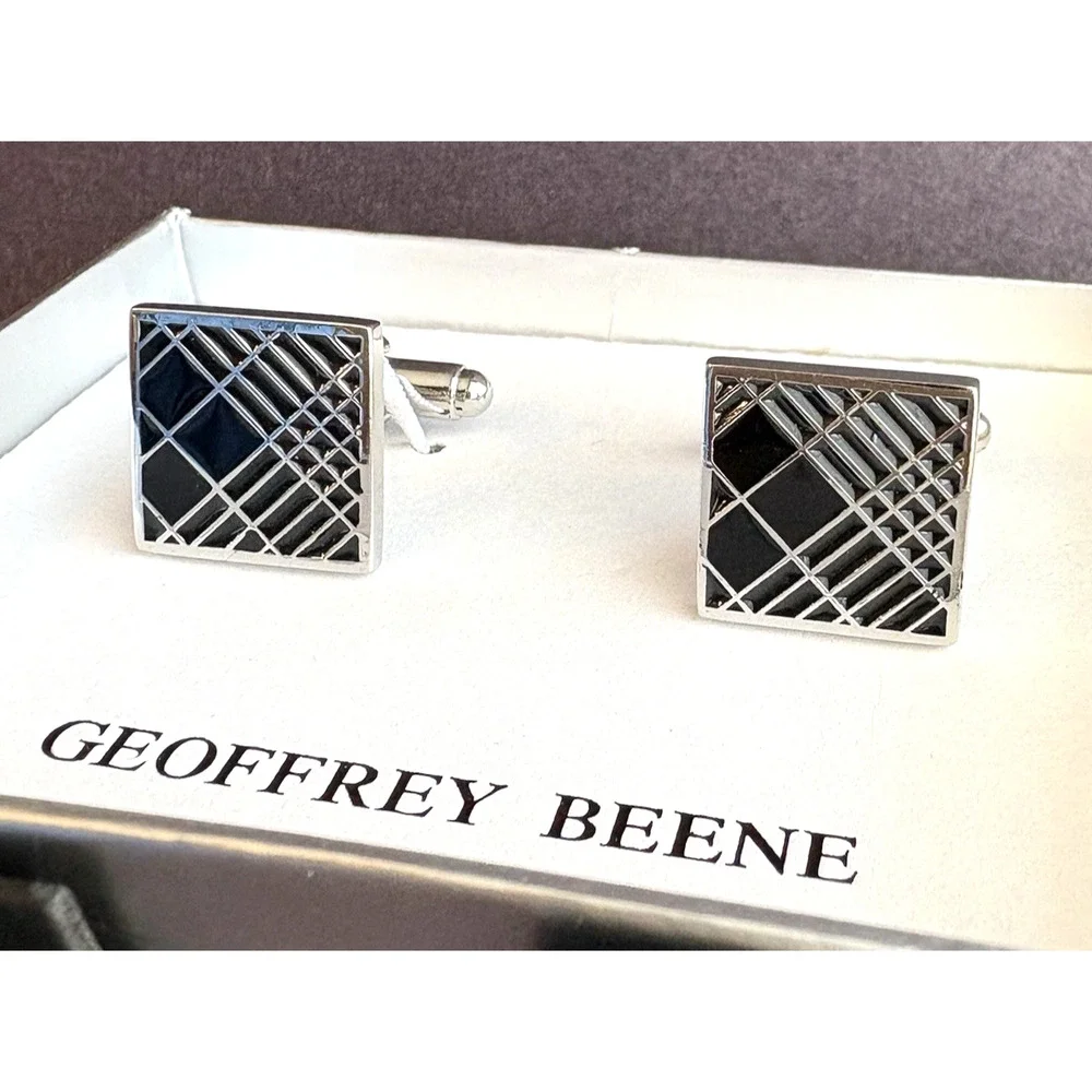 Geoffrey Beene Men's Cufflinks‎ Silver & Black Enamel Square Geometric Classic